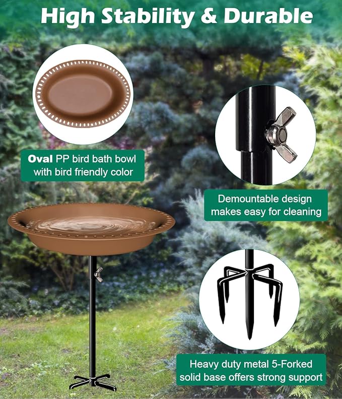 29 Inch Height Oval Shape Bird Bath for Outdoors, Detachable 5-Prong Birdbath Bowl Spa & Birdfeeder with Metal Stake Stand for Outside Garden, Brown