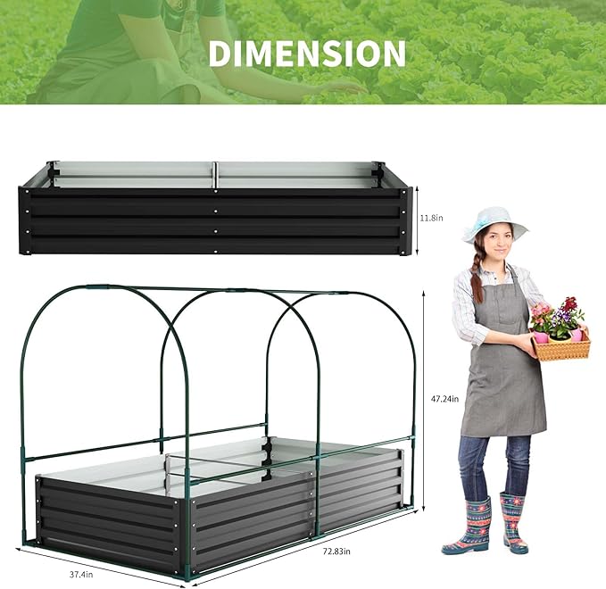 DoCred Galvanized Raised Garden Bed with PVC Cover, 72.8" x 37.4" x 47.2" Metal Planter Bottomless Box w/ Roll-Up Window, Mini Greenhouse Tent for Outdoor Growing Vegetables Flower Fruit