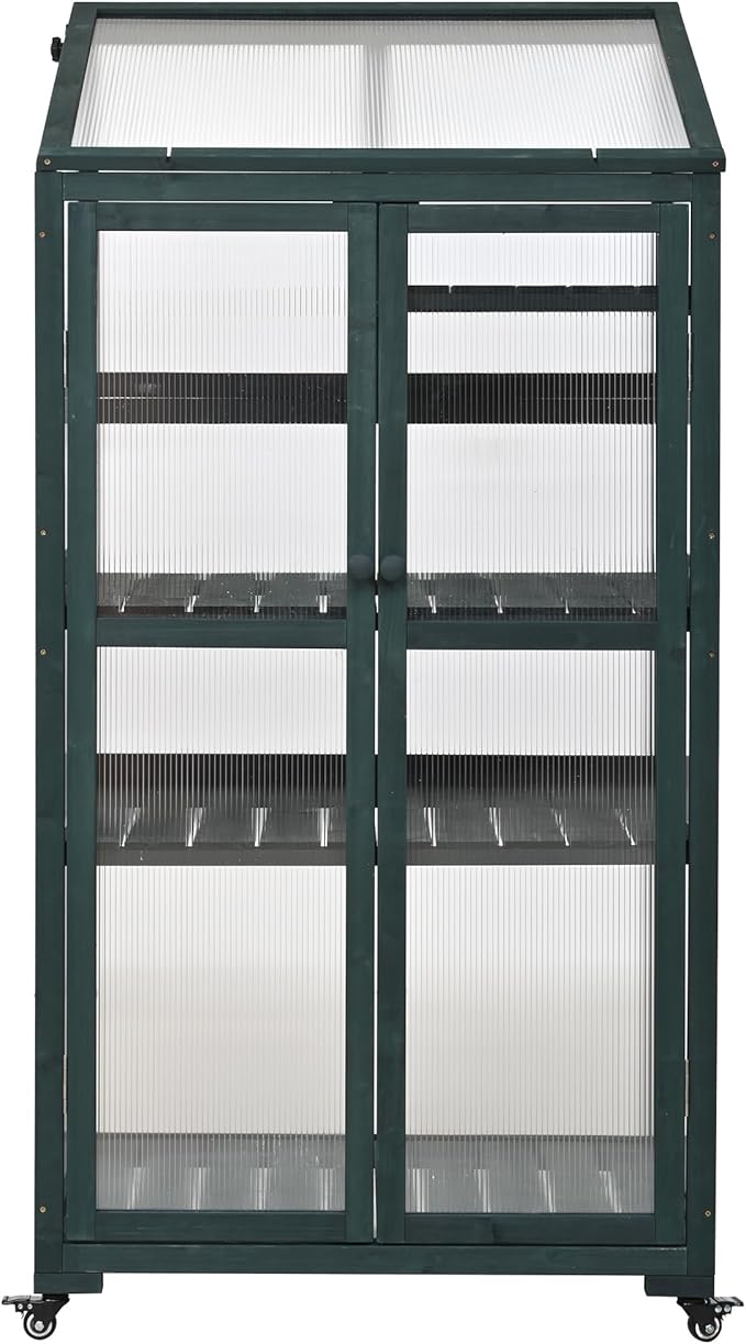 62'' H Wood Greenhouse for Outdoors, Portable Cold Frame Greenhouses with Wheels & Adjustable Shelves for Indoor, Garden, Patio Balcony,Easy Assembly,Green