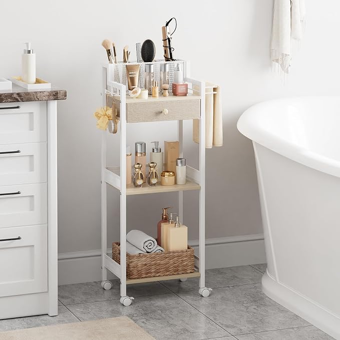 3 Tier Bathroom Organizer Shelf with Drawer, Rolling Makeup Cart | Large Make up Organizers, Cosmetics Display Cases for Hair Tool, Skincare, Kitchen, Bedroom, Laundry Room, Dorm, 12.8in