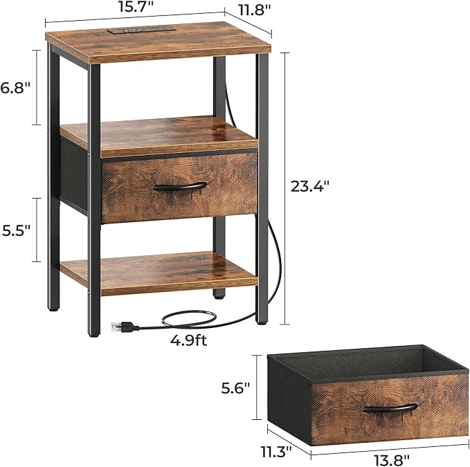 SUPERJARE Nightstand Set of 2 with Charging Station, USB-C Port, End Tables