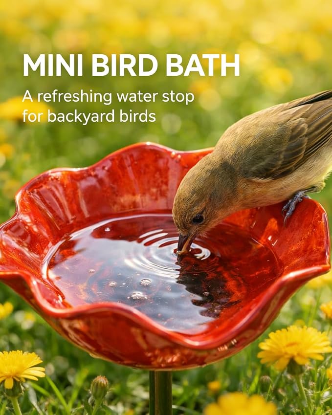 Metal Flower Garden Stakes Bird Bath Bowl, Handmade Resin Hummingbird Bath Cup, Pollinator Watering Station with Tall Fountain, Weather-Resistant Bee Butterfly Puddler Decor for Outdoor Lawn Yard (1)