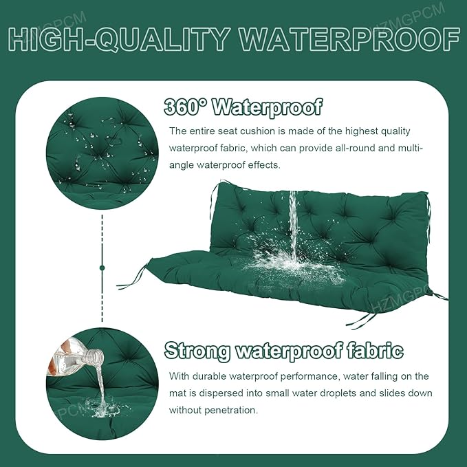 Extra Thick 5" Waterproof Porch Swing Cushions Outdoor 40 inch Swing Cushions 2 Seater Replacement with Backrest and Ties for Outdoor Furniture Patio Bench Garden (Dark Green)