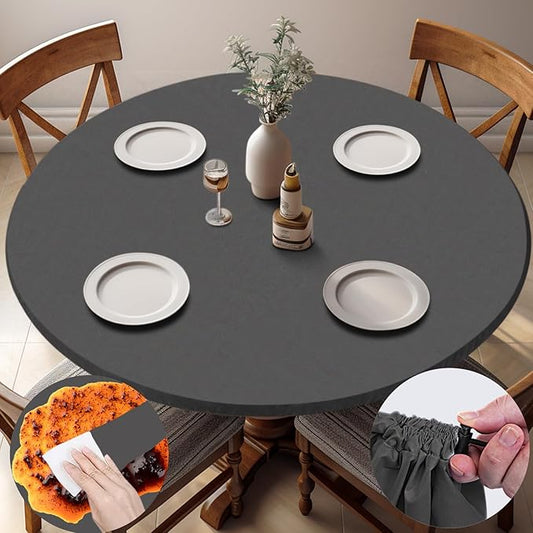 Fitted Dark Grey Black Round Tablecloth for 40-44" Tables Modern Non Slip Water Proof Table Cover Spring Autumn Outdoor Garden Accessories College Dorm Stuff Apartment Storage Cool