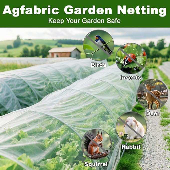Agfabric Garden Netting 10'x25' Insect Pest Barrier Bird Netting for Garden Protection,Row Cover Mesh Netting for Vegetables Fruit Trees and Plants,White