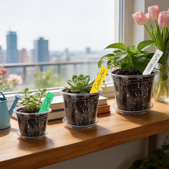 Clear Nursery Pots with Saucers 24 Pack, 4/5/6/7 Inch Plastic Plant Pots, for Indoor Outdoor Succulents Orchids Seedlings, Flower Containers with Drainage Holes and Tray, Small Garden Planters