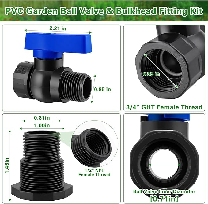 Rain Barrel Spigot Kit 2 Pack, 3/4" GHT PVC Bulkhead Fitting with Ball Valve, Garden Hose Shut Off Faucet for Rain Barrel, Water Tank, Aquarium and Garden Barrel