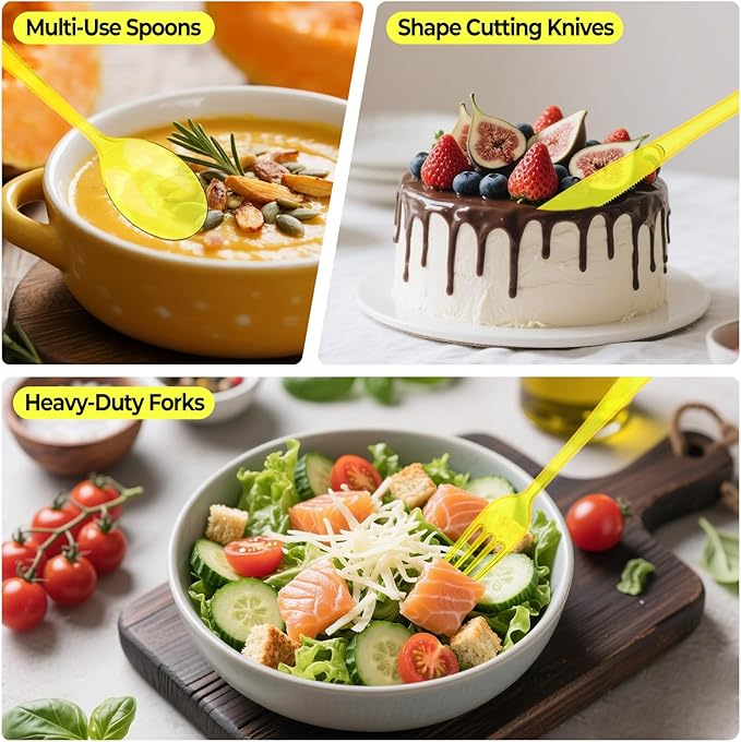75 PCS Plastic Silverware Disposable Silverware Heavy Duty Utensil Sets 25 Of Each Forks Knives & Spoons Disposable Cutlery Set For Easter,Birthday,Baby Shower,Garden Party,Wedding(75,Yellow)