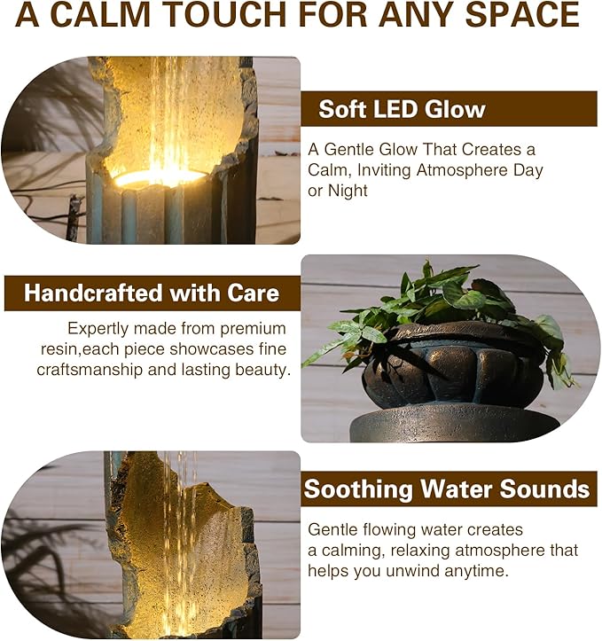 Sunlinua Outdoor Water Fountain with LED Light, Modern Spiral Tiered Outdoor Fountain with Stone Planter Curved Freestanding Waterfall Fountains for Garden Patio Deck Porch Gold
