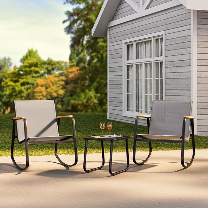 Ahomly 3 Pieces Patio Furniture Set, Outdoor Textilene Furniture Set with Wooden Armrests, Coffee Table with Tempered Glass Tabletop, Patio Chairs for Lawn, Balcony, Grey