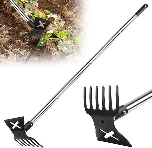 2-in-1 Garden Hoe & Weed Puller Tool with Long Handle, 57" Garden Weeders and Cultivators, Heavy Duty Manual Weed Remover Tool with 6-Tine Weeding Rake for Weeds Grass in Lawn, Garden, Yard, Patio