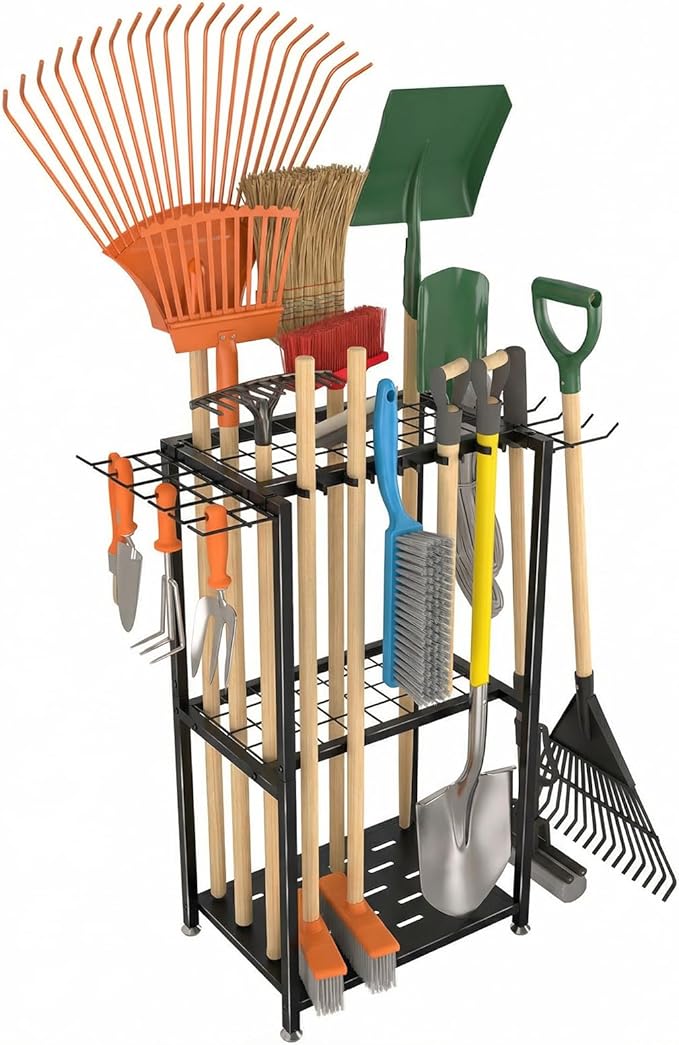Faesun Garden Tool Organizer, 3-Tier Metal Yard Tool Rack with 14 Hooks & 5 Slots, Holds 50+ Rakes/Shovels/Brooms, Heavy Duty Freestanding Lawn Tool Storage for Garage Shed Outdoor Organization