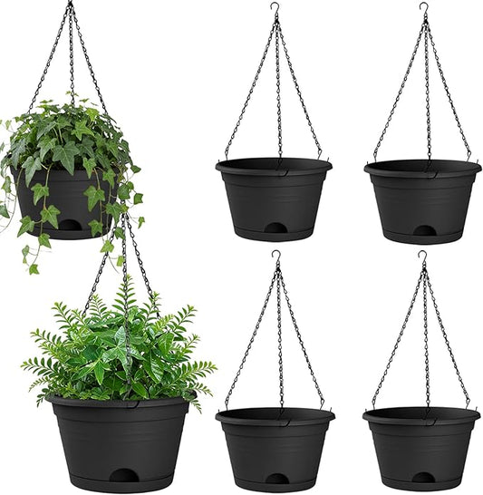 Nooulap 6 Pack Hanging Planters, 10 Inch Plant Pot with Hanger Chain & Drainage Trays, Hanging Baskets for Plants Outdoor Indoor, Hanging Flowers, Vegetables, Herbs (Black-6 Pack, 10 inch)