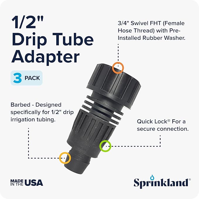Sprinkland® 1/2" Drip Irrigation Adapter | Made in USA | Fits Faucet/Garden Hose | Compatible with .600" ID x .700" OD and 5/8" Drip Tube | 3-Pack