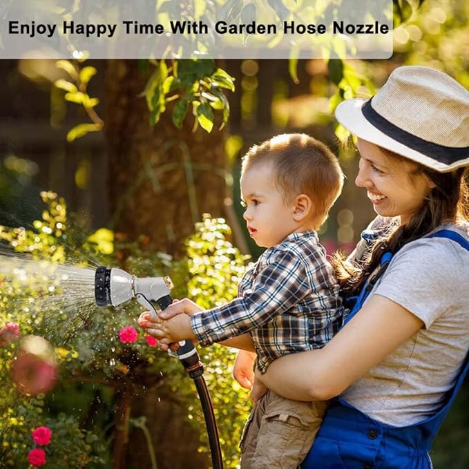 Garden Hose Nozzle Heavy Duty,100% Metal High Pressure Water Hose Sprayer Nozzle with 8 Adjustable Spray Patterns, Non-Slip Grip Hose Sprayer Outdoor for Watering Plants & Lawns, Washing Cars & Pets