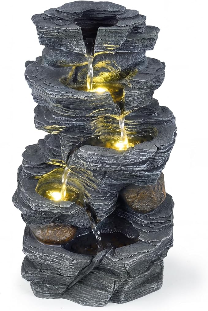 Giantex 5-Tier Water Fountain Outdoor, 18 Inch Cascading Stacked Stone Waterfall Fountain with Lights & Pump, Outside Zen Water Feature for Patio, Balcony, Deck, Garden, Yard Decor