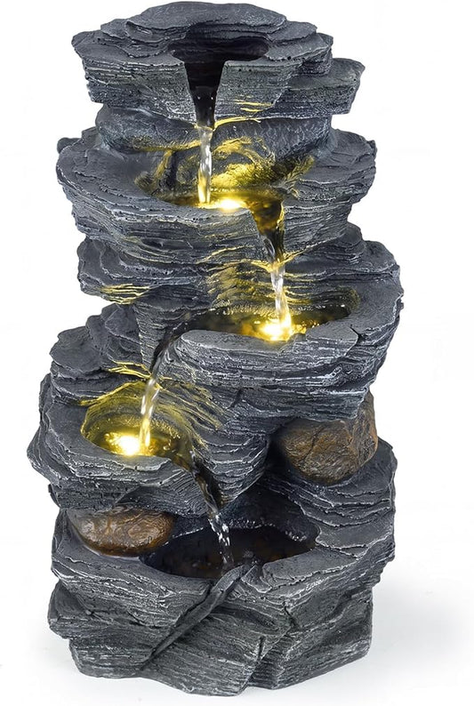 Giantex 5-Tier Water Fountain Outdoor, 18 Inch Cascading Stacked Stone Waterfall Fountain with Lights & Pump, Outside Zen Water Feature for Patio, Balcony, Deck, Garden, Yard Decor