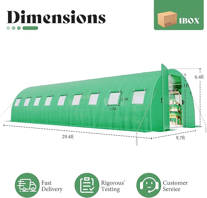 AMERLIFE 30×10 FT Tunnel Greenhouse with Built-in Sprinkler System, Walk-in Greenhouse for Backyard Gardening, Heavy Duty Galvanized Steel Frame & Waterproof PE Cover, Green