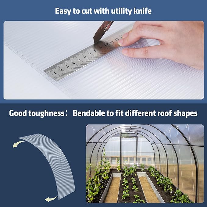 UMIG 6 PCS 6' x 2' x 0.32'' Polycarbonate Greenhouse Panels, Twin-Wall Waterproof UV Protected Corrugated Plastic Roof Panels Sheets, Clear Replacement Panels for Greenhouse, Outdoor, Plant