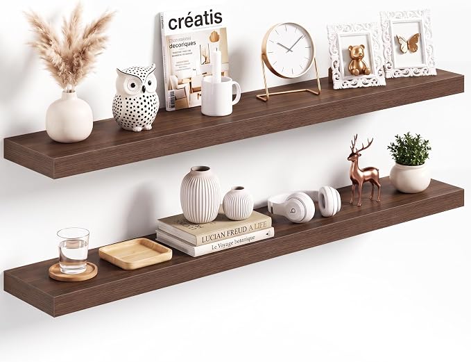 Acovy 48x8in Floating Shelves 2 Pack, Wall Mount Display Shelf, Walnut | Invisible Brackets, 35lb Sturdy MDF, 48in Long, Easy Install, For Bedroom, Bathroom, Living Room, Kitchen & Office