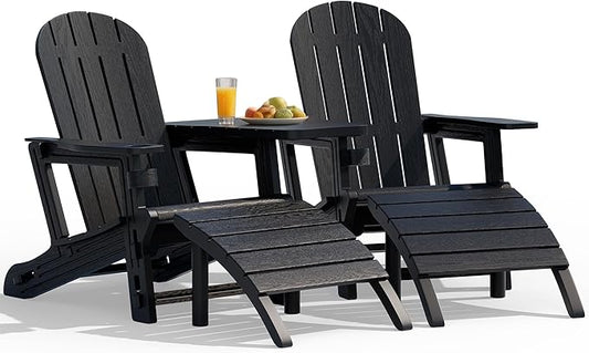 Vongrasig Adirondack Chairs Set of 2 with Removable Tabletop and Footrest, HDPE Plastic Outdoor Chair Set with Wooden Textured, Cup Holder for Patio, Poolside, Garden, Black, 5 Pieces