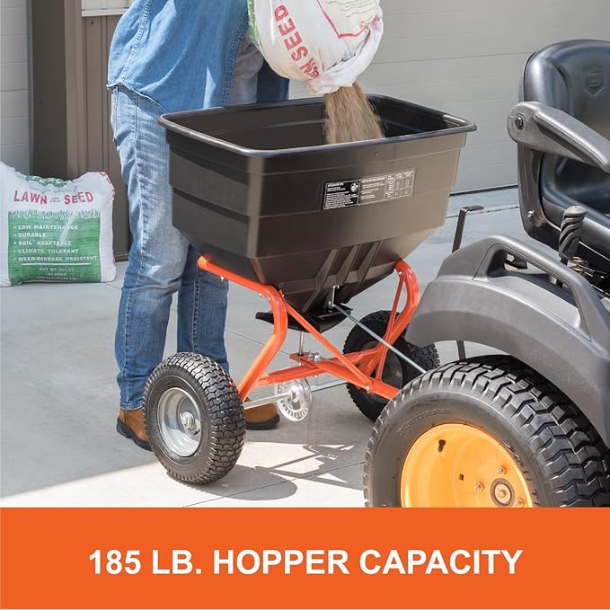 Agri-Fab 45-0547 185 lb. Tow-Behind Lawn & Garden Broadcast Spreader for Seed,Fertilizer,Salt,Ice Melt; Easy to use Flow Control from Seat of Riding Lawn Mower