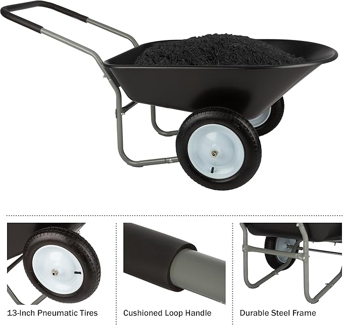 Wheelbarrow - 2-Wheel Garden Cart with 300lb Weight Capacity and Padded Handle - Wheelbarrows for Landscaping and Lawn Care by Pure Garden (Black)