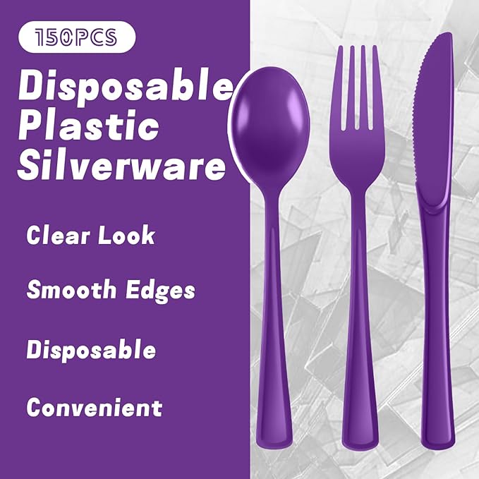 Plastic Silverware 150 PCS Disposable Silverware Heavy Duty Utensil Sets 50 Of Each Forks Knives & Spoons Disposable Cutlery Set For Easter,Birthday,Baby Shower,Garden Party,Wedding(150,Purple)