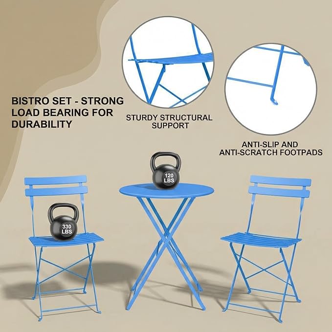 GarveeHome 3-Piece Foldable Bistro Set, Outdoor Patio Furniture with 2 Folding Chairs & 1 Table, Weather-Resistant Indoor/Outdoor Conversation Set for Patio, Blue