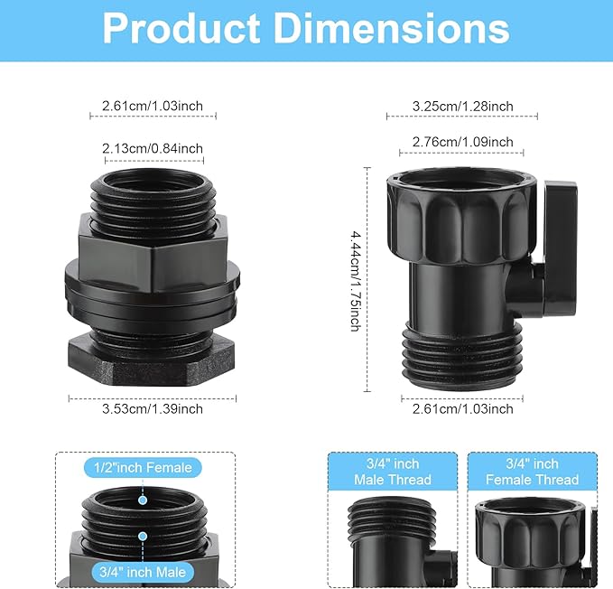 Rain Barrel Spigot Kit 3/4" GHT Garden Diverter Kit With Bulkhead Fitting Garden Hose Faucet Thread Ball Valve for Water Adapter Tanks, Aquariums Rain Barrel Diverter Kit （4 Pack）