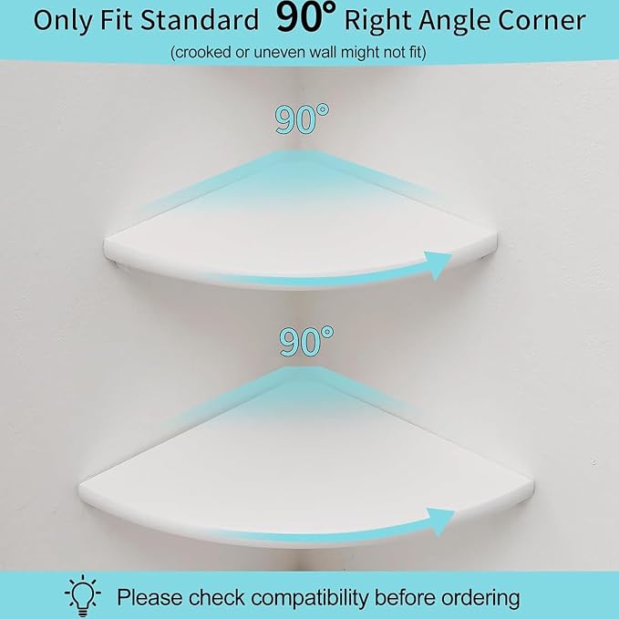 Corner Shelves, Floating Corner Shelf, Set of 2 White Solid Oak Wood Wall Shelves, Round End Wall Mount with Wire Hole Shelving for Small Plant for Bedroom Kitchen, Living Room 8.7"