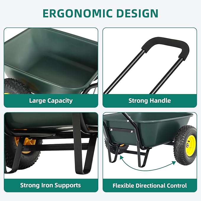 Autodaya 2 Wheel Wheelbarrow, Dual-Wheel Garden Dump Cart with 10" Non-Slip Pneumatic Tires & Ergonomic Padded Handle, Heavy-Duty Home Utility Yard Cart Wagon for Lawn, Farm, Porch, Gardening, Green