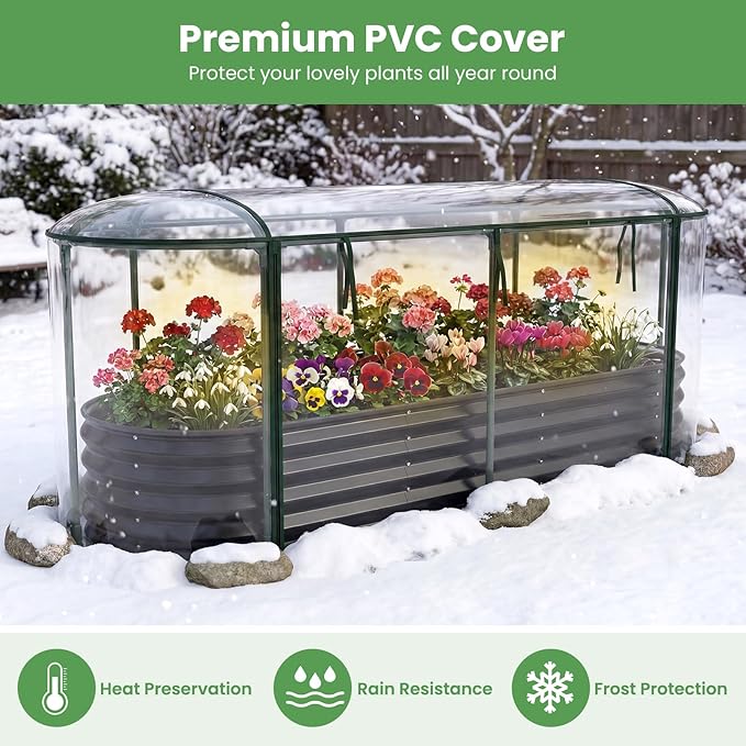 Giantex Raised Garden Bed w/Greenhouse Cover, Outdoor Oval Metal Steel Planter Box w/Roll-up Window, Clear PVC Mini Greenhouse for Vegetables Flowers Herbs Outdoor Patio Gardening, 6x2x1 FT (Black)