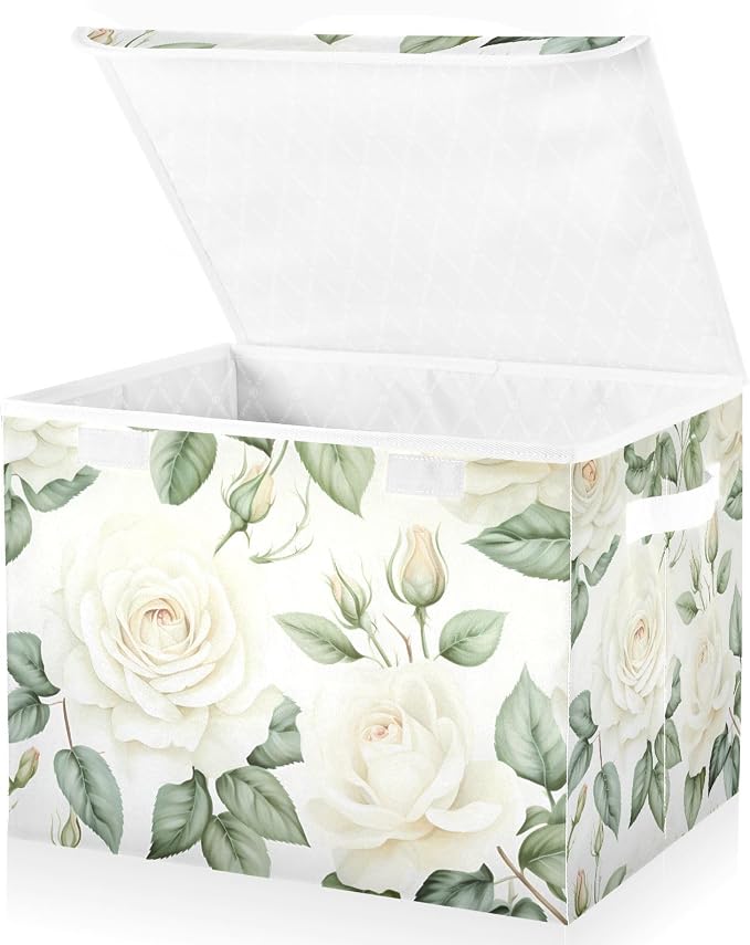 senya Flower Baskets Collapsible Storage Bins with Lids, White Rose Flower Storage Boxes Clothes Baskets for Organizing