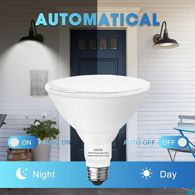 2 Pack LED PAR38 Dusk to Dawn Flood Light Bulbs Outdoor ，20W(200W Equivalent) E26 Base Flood Light Bulbs,5000K Daylight 1800 Lumens LED Flood Light for Outdoor Garden,Garage,Yards