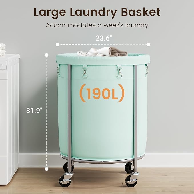 ELYKEN Laundry Basket with Wheels, Round Rolling Laundry Hamper, Mint Green