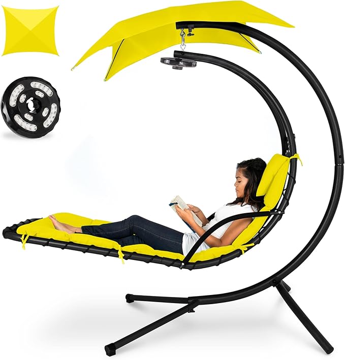 Best Choice Products Hanging LED-Lit Curved Chaise Lounge Chair Swing for Backyard, Patio, Lawn w/ 3 Light Settings, Weather-Resistant Pillow, Removable Canopy Shade, Steel Stand - Yellow