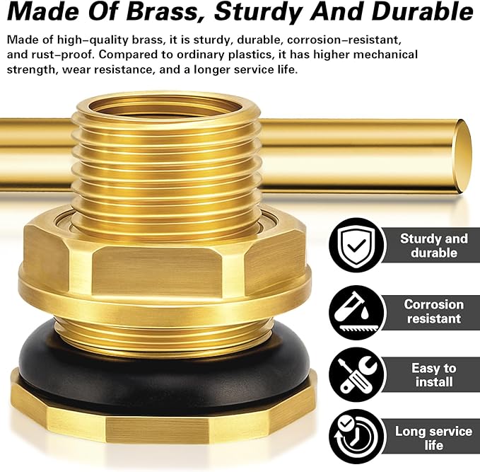 Wantmatch Brass Bulkhead Fitting with Plug Double-Threaded 1/2 NPT to 3/4 GHT Tank Adapter for Water Tanks, Rain Barrels, Garden Hoses Corrosion Resistant, Easy to Install