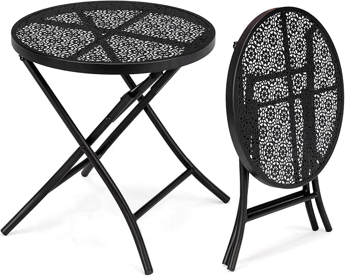 VINGLI Outdoor Folding Side Table with Chic Hollow Pattern and Durable, Rust-Resistant Coated Iron Patio Bistro Table Suitable for Indoor & Outdoor Porch, Deck, Balcony and Pool,Black
