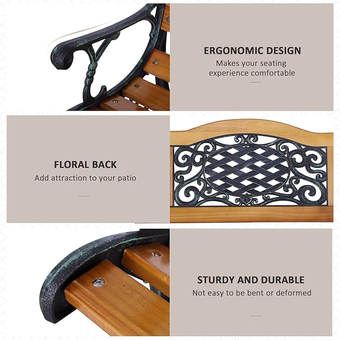 Outsunny 50" Outdoor Garden Bench, Park Bench with Pine Wood Seat, Antique Plastic Flourish Backrest, Patio Loveseat for Porch, Backyard, Deck, Lawn, Outside Pool, Antique Green and Natural Wood