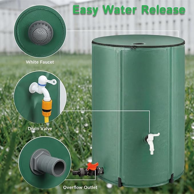 100 Gallon/380L Collapsible Rain Barrel,Foldable PVC Rain Barrel with Spigots,Top Mesh Cover and Overflow Valve,Designed to Collect Rainwater from Gutter Downspouts for Garden,Lawn,and Cleaning Floors