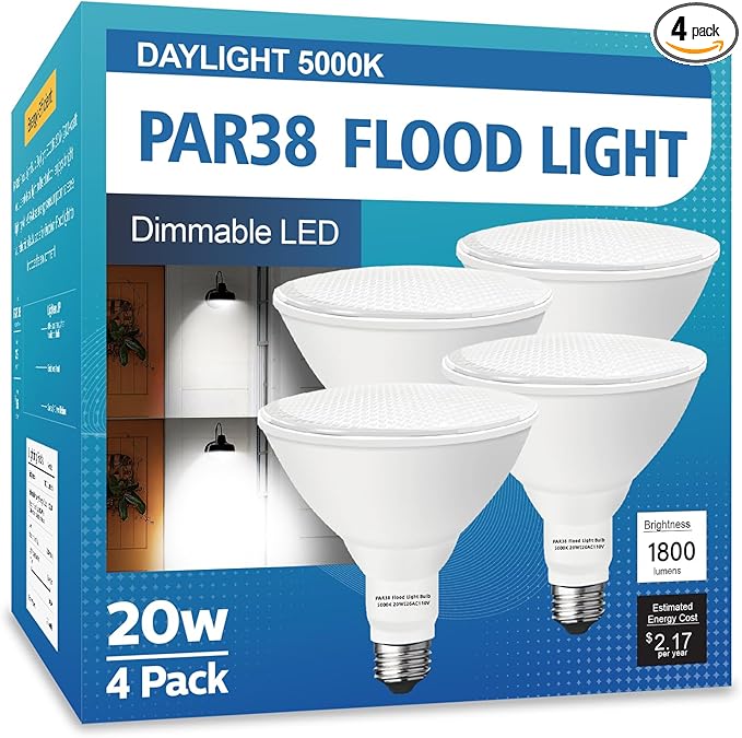 PAR38 LED Outdoor Flood Light Bulbs 4 Pack，Dimmable 20W(200W Equivalent) E26 Base Flood Light Bulbs,5000K Daylight 1800 Lumens LED Flood Light for Outdoor Garden,Garage,Yards