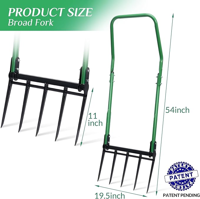 BroadFork Garden Tool, Heavy Duty 5-Tine Broad Fork Hand Tiller, Garden Pitchfork with Ergonomic U-Shaped Handle, Digging Fork for Gardening, Cultivating