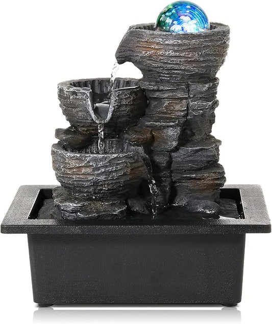 Dyna-Living Water Fountain Indoor Tabletop Waterfall Fountain with Coloured LED Light, Desktop Decorative Water Fountain, Office Fountain Waterfall for Desk, Zen Water Fountain for Home Decor