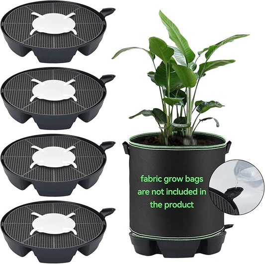 OTraki 4-Pack Self Watering Fabric Pot Base, Auto Watering System for 5 Gallon Fabric Pots, Plastic Plant Saucer Stand with Watering Lip Outdoor Garden Watering Base Plant Water Tray