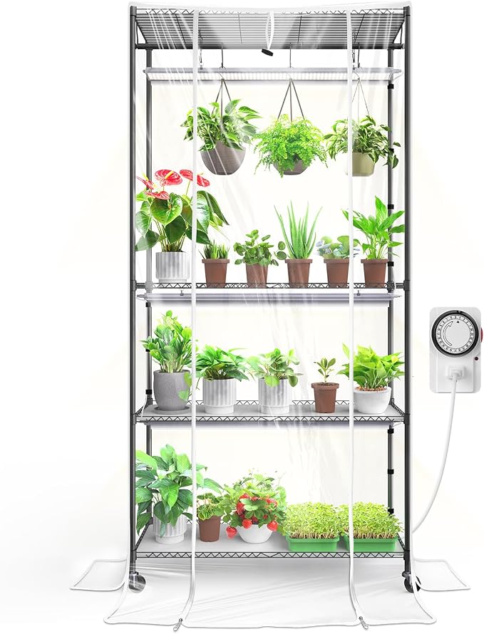 Barrina CX3Z Indoor Greenhouse with Grow Light 4-Tier 108W 35.4x13.8x70.9IN | 3PCS 3FT 5000K Plant Growing Lamps, Adjustable Metal Plant Stand, Zippered EVA Cover, Wheels, Timer, for Seed Starting
