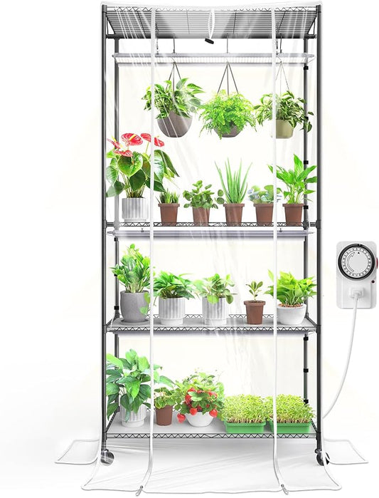 Barrina CX3Z Indoor Greenhouse with Grow Light 4-Tier 108W 35.4x13.8x70.9IN | 3PCS 3FT 5000K Plant Growing Lamps, Adjustable Metal Plant Stand, Zippered EVA Cover, Wheels, Timer, for Seed Starting