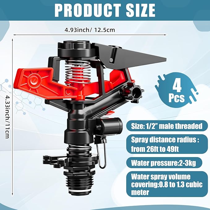 Honoson 1/2 Inch Plastic Impact Sprinklers Heads Adjustable 0-360 Degree Pulsating Oscillating Watering Sprinkler Head for Garden Law Grass Yard Irrigation Supplies(4 Pcs,Red)