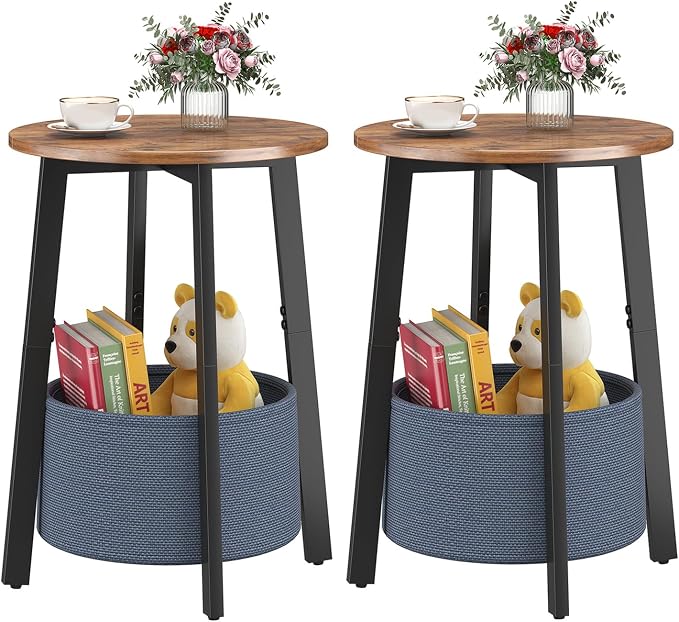 sthmec Small Round Side End Table Set of 2 with Cloth Storage Basket, Round Bedside Sofa Couch Coffee Tables for Small Places with Metal Frame, Modern Nighstands for Living Room Bedroom,Rustic Brown