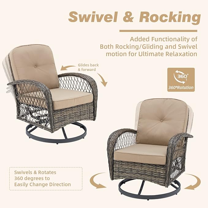 MELLCOM 3 Pieces Patio Furniture Set, Outdoor Swivel Rocker Patio Chairs, Wicker Patio Bistro Set with Rocking Chair, Thickened Cushions and Glass Coffee Table for Backyard, Garden, Khaki